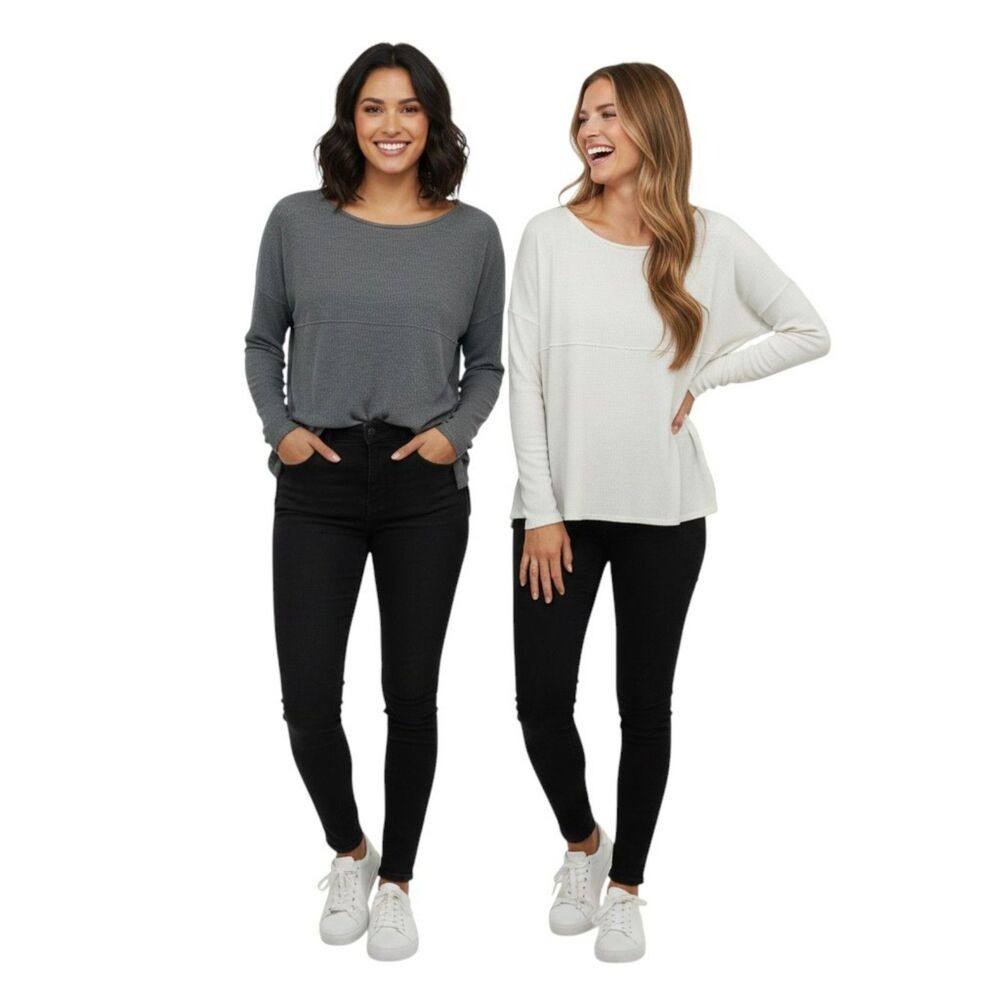 Aerie Real Soft Waffle Knit Oversized Tops Bundle of 2 Size S Gray Cream Thermal